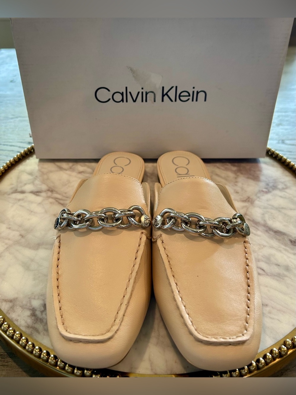 Calvin Klein Nude Leather Chain-Accent Slip-On Mules | Sz. 6 (NWB) - Picture 3 of 6